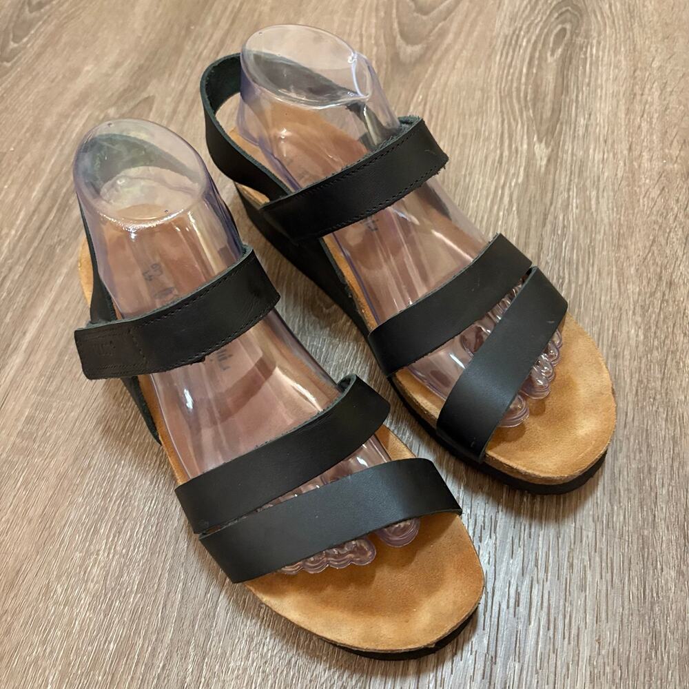 NAOT Women’s Black Leather Comfort Sandals Sz 41 US 10 10.5 Made In Israel Cork
